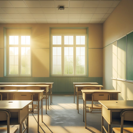 Sunlight streams through large windows, illuminating an empty classroom. Rows of wooden desks and chairs are set up in an orderly fashion, leading towards a green chalkboard. The bright natural light casts distinct shadows on the floor, creating a serene and inviting atmosphere for learning.の素材
