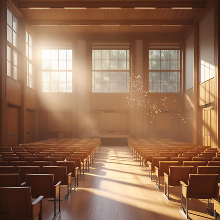 A sun-drenched auditorium is depicted with rows of empty wooden chairs facing a stage area. Large, grid-paned windows on the far wall allow bright sunlight to stream in, creating visible sunbeams and illuminating dust particles in the air. The interior features extensive wood paneling and a polished wooden floor, reflecting the warm light. The atmosphere is quiet and serene, emphasizing the empty educational or presentation space.の素材