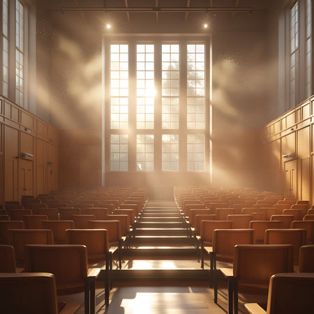 An expansive auditorium interior is bathed in warm, golden sunlight streaming through a large, grid-patterned window. Rows of empty wooden chairs face a raised platform. Dust particles are visible, illuminated by the strong light beams that create a dramatic and serene atmosphere. The wooden paneling and flooring contribute to the classic and tranquil feel of the empty hall.の素材