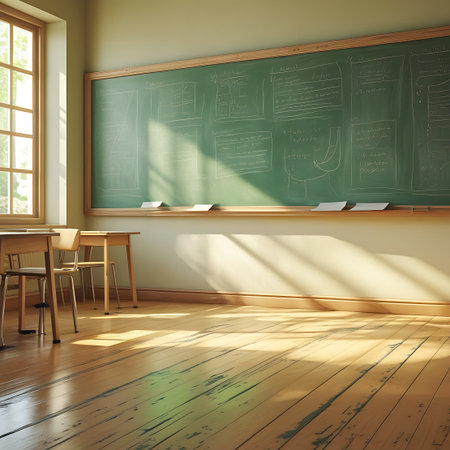 A sunlit classroom with a large green chalkboard covered in writing and a wooden floor. Sunlight streams through a window, creating bright patches and shadows on the floor and walls. Desks and chairs are visible, conveying a sense of an educational environment ready for students.の素材