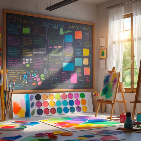 A bright and airy art studio is bathed in sunlight streaming through a large window with sheer white curtains. A large chalkboard, labeled "Colors Colours," is covered with notes, diagrams, and color swatches. An easel displays a colorful abstract painting. A long table showcases rows of paint tubes, color swatches, and art materials. Brushes and pencils are visible, and colorful art papers are spread across the wooden floor. The scene exudes a strong sense of creativity and artistic...の素材