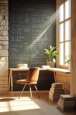 A wooden desk and chair are set against a chalkboard covered in scientific and mathematical notations. Sunlight streams through a window, highlighting the dust motes in the air and casting geometric shadows. Books are stacked on the desk and on the floor, alongside a potted plant. The textured stone wall adds a rustic element to the otherwise academic setting.の素材