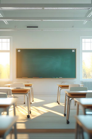 An empty classroom interior is filled with natural light from windows on two walls. Rows of desks with chairs are positioned in front of a large green chalkboard. Sunlight creates distinct patterns of light and shadow on the wooden floor. The room appears clean and ready for students, with a bright and inviting atmosphere.の素材