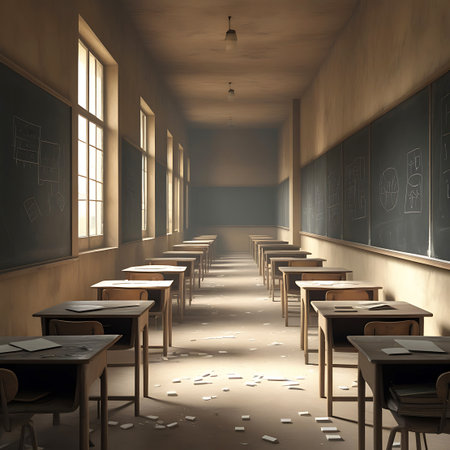 An empty classroom is captured in a long perspective view, with rows of wooden desks leading the eye towards the back. Sunlight streams in from the windows on the left, casting bright rays and deep shadows across the floor, which is littered with chalk fragments. The chalkboards on the walls display various mathematical and scientific diagrams. The overall impression is one of quiet solitude and the passage of time.の素材