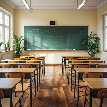 A sunlit classroom featuring a green blackboard and multiple rows of wooden desks with attached chairs. Large windows on both sides of the room allow natural light to flood in, creating distinct shadows on the warm wooden floor. Potted plants are strategically placed, adding life to the academic space. The room appears clean and organized, ready for a lesson.の素材