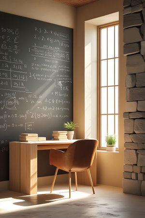 A wooden desk with a chair sits in front of a chalkboard covered in mathematical equations and formulas. Sunlight streams through a large window, casting dramatic rays and shadows across the room. A small potted plant adds a touch of green to the scene. The wall to the right is made of stacked stone blocks, and the floor is polished wood.の素材