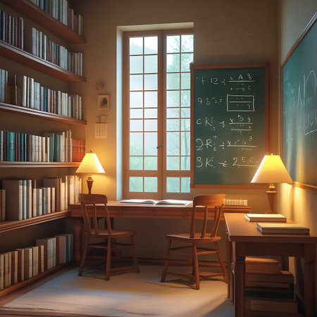A detailed view of a study room with extensive bookshelves lining the walls, filled with books. A wooden desk with two chairs sits in front of a large, multi-paned window. A green chalkboard on the wall is covered in handwritten mathematical formulas and equations. Lamps on the desk provide a warm, ambient light.の素材