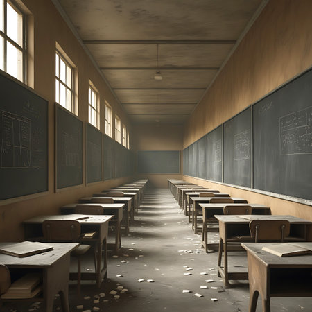 This image depicts an empty classroom with rows of wooden desks receding into the background. Sunlight filters through the windows, creating a warm glow and distinct shadows on the floor. The chalkboards on the walls are filled with faint mathematical equations and diagrams. Small pieces of chalk are scattered on the floor, suggesting recent use. The atmosphere is quiet and contemplative.の素材