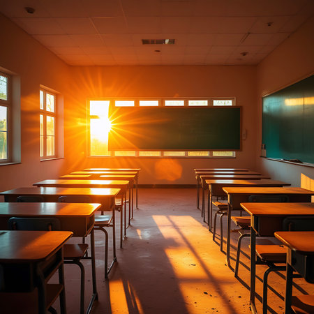 A vibrant sunburst emanates from the window of an empty classroom, casting brilliant rays of light across the rows of wooden desks and chairs. The warm, golden light creates a striking contrast with the shadows, highlighting the textures and forms within the educational space. The scene is both dramatic and peaceful, suggesting the end of a day of learning.の素材
