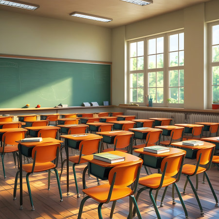 A sunlit classroom interior with numerous rows of orange chairs and green desks. Large windows on the right wall allow ample natural light to flood the room, highlighting the wooden floor. A green blackboard is visible at the front, with books placed on some of the desks.の素材