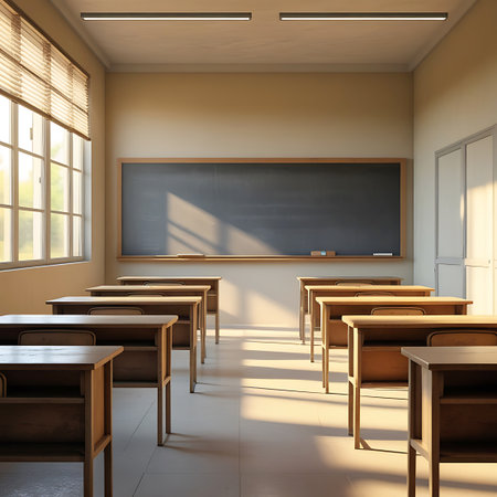 An empty classroom bathed in sunlight from large windows covered with blinds. Rows of wooden desks are arranged facing a dark chalkboard. The light creates a dramatic interplay of shadows, highlighting the clean and traditional interior of the educational space.の素材