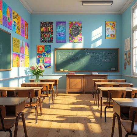 This sunlit classroom is decorated with numerous colorful posters and artwork displayed on the light blue walls. Rows of wooden student desks and chairs are arranged neatly. A large green chalkboard is prominent, with a wooden credenza beneath it. Sunlight filters through the windows, casting warm light and shadows across the wooden floor.の素材