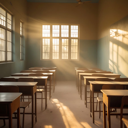 Rows of empty wooden desks and chairs fill a classroom, with sunlight streaming in from windows on two sides. The light creates distinct rays that cut through the air, highlighting dust particles and casting patterns on the floor and walls. The atmosphere is peaceful and somewhat nostalgic, emphasizing the natural illumination of the educational space.の素材