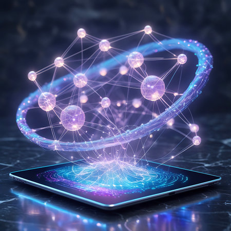 A tablet rests on a dark, marbled surface. The tablet screen displays a bright, intricate network of luminous spheres connected by glowing lines, radiating outwards. Above the tablet, a larger, three-dimensional holographic projection of a similar network, with a prominent ring structure, floats in the air, illuminated by vibrant purple and blue light against a dark, textured background.の素材