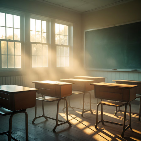Sunlight streams through the windows of an empty classroom, casting long shadows and illuminating dust particles in the air. Rows of vintage wooden desks and chairs are neatly arranged on the wooden floor. A blackboard is visible on the wall. The natural light creates a warm and atmospheric scene, suggesting a quiet moment before or after lessons.の素材