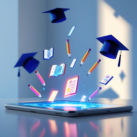 A digital education concept image featuring a tablet with a vibrant, glowing screen. Numerous graduation caps, pencils, and small books are depicted floating in the air above the tablet, symbolizing the diverse elements of learning accessible through technology. The background is a soft gradient with light and shadow.の素材
