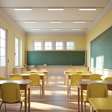 A spacious and brightly lit classroom with rows of wooden desks and yellow chairs. Multiple windows on the left and front walls allow abundant natural light to flood the room, illuminating the polished wooden floor. A large green chalkboard is on the back wall, with shelves and storage below. The scene is clean, organized, and empty.の素材