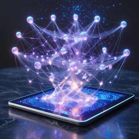 A tablet is placed on a dark, reflective surface. The screen emits a bright blue and purple light, showing a complex, glowing digital pattern. Emerging from the tablet is a three-dimensional structure composed of numerous luminous spheres interconnected by a web of light lines, creating an intricate, abstract network that expands upwards and outwards against a dark, speckled background.の素材