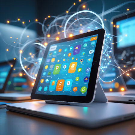 A tablet device is prominently displayed, showcasing a grid of colorful application icons on its screen. The tablet rests on a laptop, and the entire scene is enveloped by a dynamic, abstract network of glowing orange and white light trails and particles, suggesting a pervasive digital connection and data flow. The background is blurred, emphasizing the central device and its digital environment.の素材