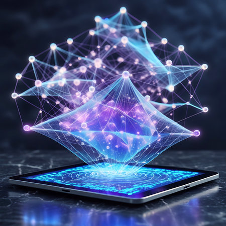 A tablet rests on a dark, textured surface, its screen glowing with a bright, circular digital pattern. Above the tablet, a luminous, three-dimensional structure resembling a diamond or pyramid, formed by interconnected spheres and lines of light, is projected into the air. The structure glows intensely with purple and blue light, set against a dark, atmospheric background.の素材
