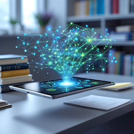 A tablet device rests on a desk, with a vibrant, three-dimensional holographic projection of a glowing green network of interconnected nodes and lines emanating from its screen. The projection floats above the tablet, casting a soft light. In the background, bookshelves are visible, along with stacks of books and papers on the desk, suggesting a blend of digital and traditional learning environments.の素材