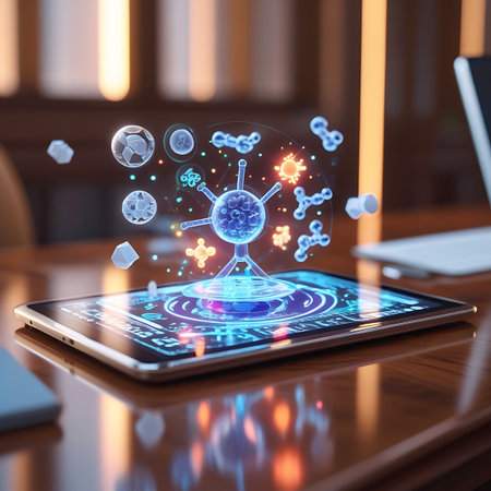 A tablet computer displays a vibrant holographic projection of various molecular structures, including a central complex atom or molecule, surrounded by smaller spheres, atomic models, and representations of soccer balls. The projection emanates from the tablet's screen, which shows a glowing digital interface with intricate patterns. The scene is set on a polished wooden desk, with a laptop visible in the background, suggesting a modern workspace or research environment.の素材