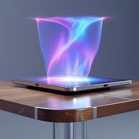 A sleek tablet rests on a polished wooden surface. Emerging from the screen is a dynamic, swirling holographic projection of vibrant, colorful light in shades of purple, blue, and pink. The light appears fluid and ethereal, with subtle sparkling effects, suggesting a powerful digital output or a futuristic interface. The background is a neutral, soft gray.の素材