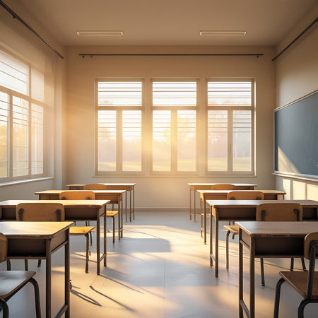 An empty classroom bathed in warm sunlight streaming through large windows with blinds. Rows of simple wooden desks and chairs are neatly arranged, facing a blackboard. The scene evokes a sense of quiet anticipation and a traditional learning environment.の素材