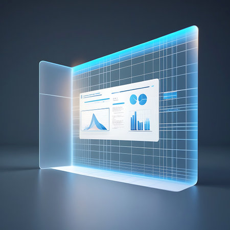 A transparent digital screen floats in a dark space, illuminated by a bright blue glow. The screen features a grid pattern and displays various data charts and graphs, including pie charts and bar graphs. The overall aesthetic is sleek and futuristic, suggesting advanced technology and data visualization.の素材