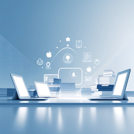 Three laptops are arranged on a reflective surface, with stacks of books placed between them. A luminous, abstract network of white icons and lines hovers above, depicting elements related to learning, ideas, and digital connection, set against a soft blue background.の素材