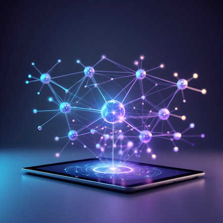 A tablet displays a complex, glowing molecular network structure. Interconnected spheres and lines in shades of blue and purple radiate from the screen, creating a sense of advanced scientific visualization and data representation. The device is positioned on a dark surface, with a bright light emanating from the center of the digital display.の素材