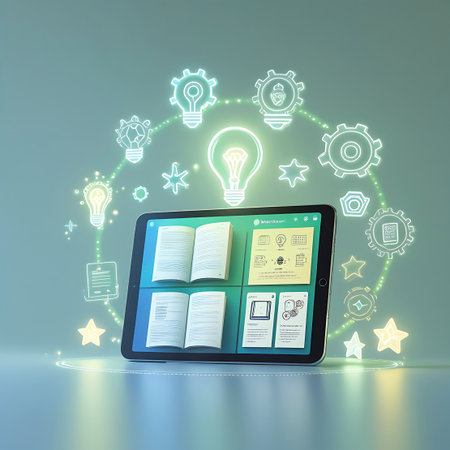 A tablet displays four distinct digital book pages or documents. Around the tablet, a luminous green circle contains various icons, including lightbulbs, gears, stars, and documents, signifying concepts of learning, innovation, and digital information. The scene has a clean, modern, and slightly ethereal feel.の素材