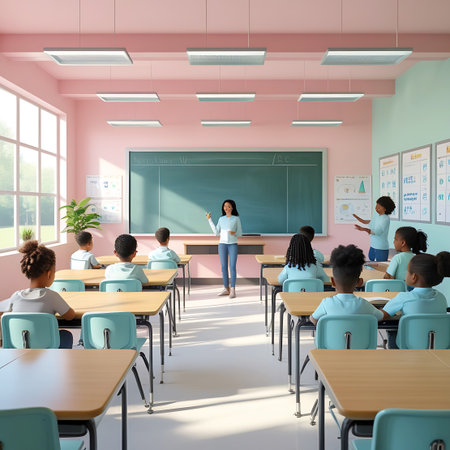 A teacher stands at the front of a bright, pastel-colored classroom, instructing a diverse group of young students. The room is decorated with pink and mint green walls, and filled with rows of wooden desks and light blue chairs. Students are seated and attentive, facing the teacher and the blackboard. Educational posters are visible on the walls, contributing to a stimulating learning atmosphere.の素材
