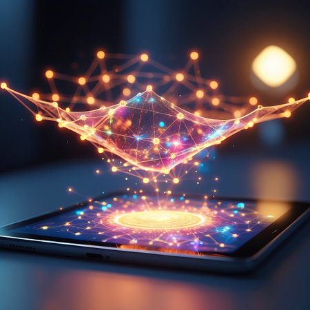 A tablet device is shown with a luminous, abstract network of interconnected lines and glowing spheres projecting upwards from its screen. The projection features a vibrant interplay of orange and blue light, with numerous small particles scattered around. The tablet's screen displays a circular, radiant digital pattern. The background is dark and blurred, emphasizing the bright, futuristic projection.の素材