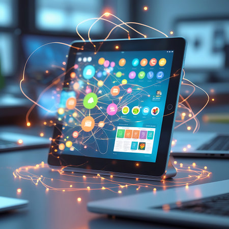 A tablet device, displaying a vibrant screen filled with app icons arranged in a grid, is the focal point. It is surrounded by an intricate, abstract network of glowing orange and blue light strands and scattered particles, creating a sense of digital connectivity and data transmission. The tablet is placed on a surface with other electronic devices in the background, suggesting a tech-centric environment.の素材