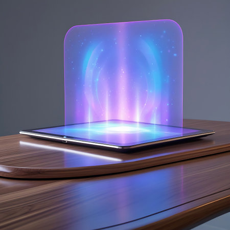 A tablet is placed on a wooden desk, and from its screen rises a distinct, vertical holographic display. This projection is characterized by radiant beams of blue and purple light emanating from a central point, creating a sense of upward energy and depth. The light is bright and luminous, with subtle sparkling particles. The background is a muted gray.の素材