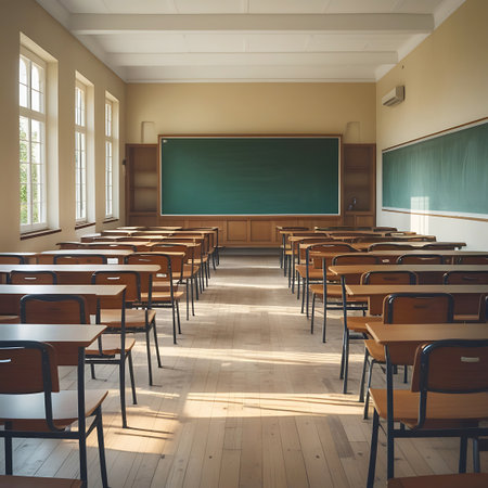 A traditional classroom is shown with rows of wooden desks and chairs. A large green chalkboard dominates the front wall, with shelves below. Sunlight streams through the windows on the left, illuminating the wooden floor. The room appears empty, suggesting a quiet learning environment.の素材