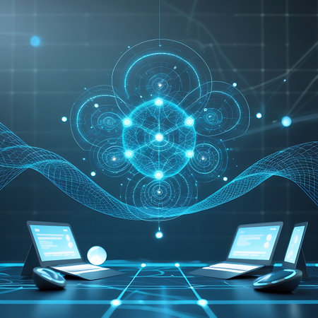 Two open laptops with glowing screens are placed on a grid-like surface. In the background, a complex, abstract blue digital network visualization unfolds, featuring interconnected circular nodes and flowing wave-like structures. The scene is bathed in cool blue light, conveying a sense of advanced computing and data processing.の素材