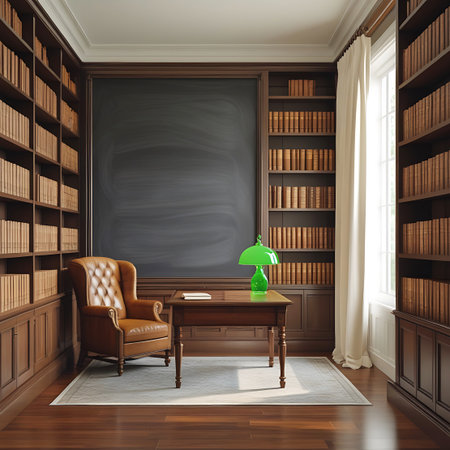 A traditional study features rich wooden bookshelves filled with books, a tufted leather armchair, and a wooden desk with a green lamp. A patterned rug lies on the polished wood floor, and sunlight streams through a window with white curtains.の素材