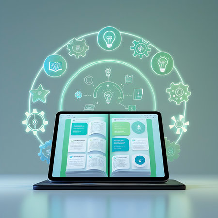 A tablet displays an open digital book with text and graphics. It is positioned within a circular arrangement of glowing green technological icons, including gears, lightbulbs, and documents. The composition suggests a digital platform for learning, idea generation, and information processing.の素材