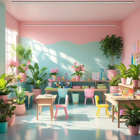A bright and cheerful classroom features pastel pink and blue walls with a wavy design. Numerous potted plants and flowers add natural beauty to the space. Wooden desks and colorful chairs are neatly arranged, with shelves holding art supplies. Sunlight streams through the windows, illuminating the room.の素材