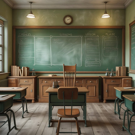 A vintage classroom setting with a large green chalkboard at the front, covered in handwritten lessons and diagrams. Wooden desks with green metal frames and wooden seats are arranged in rows. A classic wooden teacher's desk with a wooden chair sits in front of the chalkboard. Books are neatly stacked on wooden cabinets and the desks. The room has a warm, nostalgic feel with wooden floors and walls.の素材