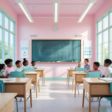 A cheerful and bright classroom with predominantly pink walls, where a group of young students are seated at their desks. The room is filled with natural light from large windows. Wooden desks with light blue chairs are arranged in rows. Students appear to be listening or observing, with a blackboard and educational posters on the walls. The overall ambiance is welcoming and conducive to learning.の素材