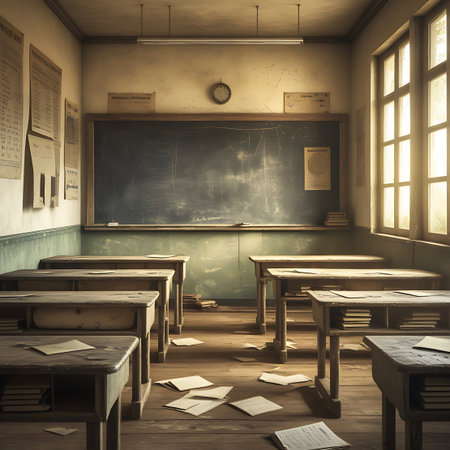The interior of an old-fashioned classroom is shown, featuring rows of weathered wooden desks and chairs. A prominent blackboard is mounted on the wall, showing faint chalk markings. Sunlight pours in from a large window, creating a warm, atmospheric light that highlights the dust and scattered papers on the wooden floor. Stacks of books are visible on some desks and on the floor.の素材