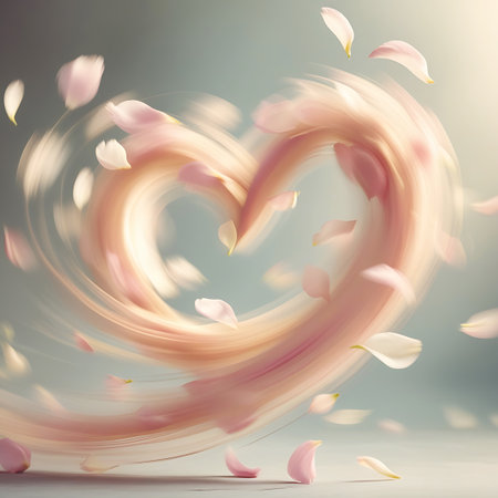 An abstract heart shape is depicted through the energetic swirling of pink and white flower petals, characterized by a pronounced motion blur. Individual petals are dispersed around the composition, both on the surface and in the air, contributing to a feeling of motion. The background is a soft, muted gray-blue, providing a subtle contrast to the vibrant heart.の素材