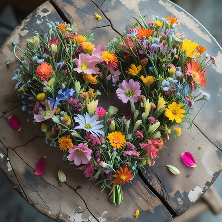 A lush and abundant heart-shaped bouquet of diverse wildflowers and greenery is presented on a distressed wooden surface. The arrangement showcases a rich palette of colors including orange, yellow, pink, blue, and purple blooms, with delicate white accents and abundant foliage. Scattered petals add to the natural, rustic aesthetic.の素材