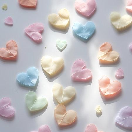 Numerous small heart shapes in a variety of pastel colors are spread across a white surface. The lighting is more dramatic than in some other images, creating distinct shadows and highlights that add depth and contrast to the arrangement. The hearts appear delicate and translucent, contributing to a romantic and gentle visual.の素材