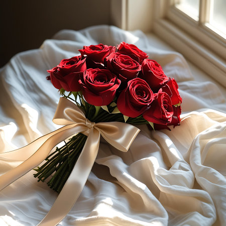 A beautiful bouquet of deep red roses is gathered and tied with a lustrous gold satin ribbon, fashioned into a neat bow. The rich red petals are highlighted by the soft sheen of the ribbon. The arrangement is set against a backdrop of flowing white fabric, with gentle light filtering in from a window, creating a soft, romantic ambiance.の素材