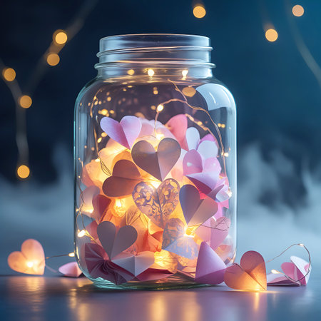 This image focuses on a glass jar filled with a variety of origami hearts, some solid pastel pink and others featuring delicate white patterns. A string of warm fairy lights is nestled amongst the hearts, casting a gentle glow. More hearts are placed on the dark, reflective surface in front of the jar, and the background is softly blurred with bokeh lights, creating a romantic and atmospheric scene.の素材