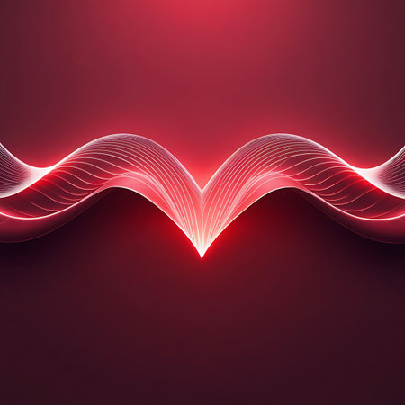 An abstract representation of a heart shape is formed by delicate, glowing white lines against a dark red gradient background. The lines are thin and curved, creating a sense of fluidity and lightness. The minimalist design focuses on the iconic shape and its luminous outline.の素材